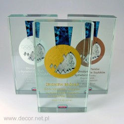 Glass award with a medal...
